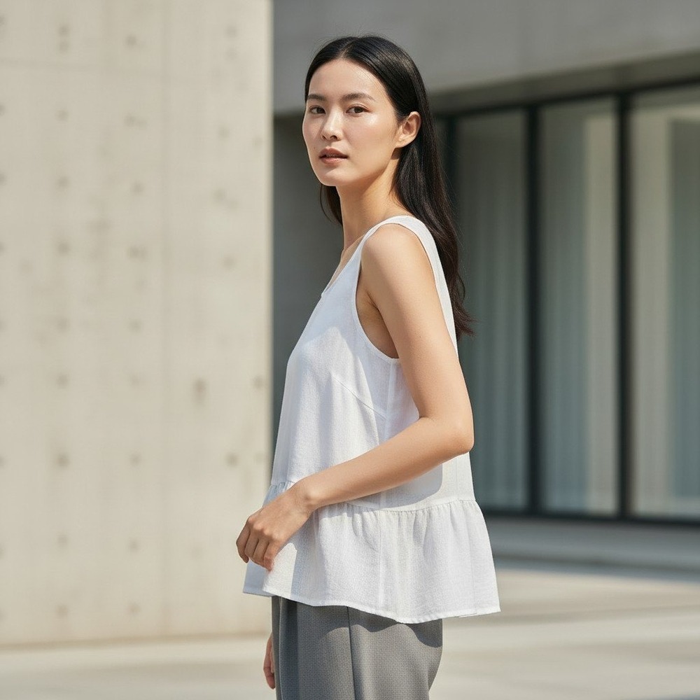 Zury Tank Top Women S/M White Cotton Gauze Ruffle Peplum Coastal Boho Minimalist